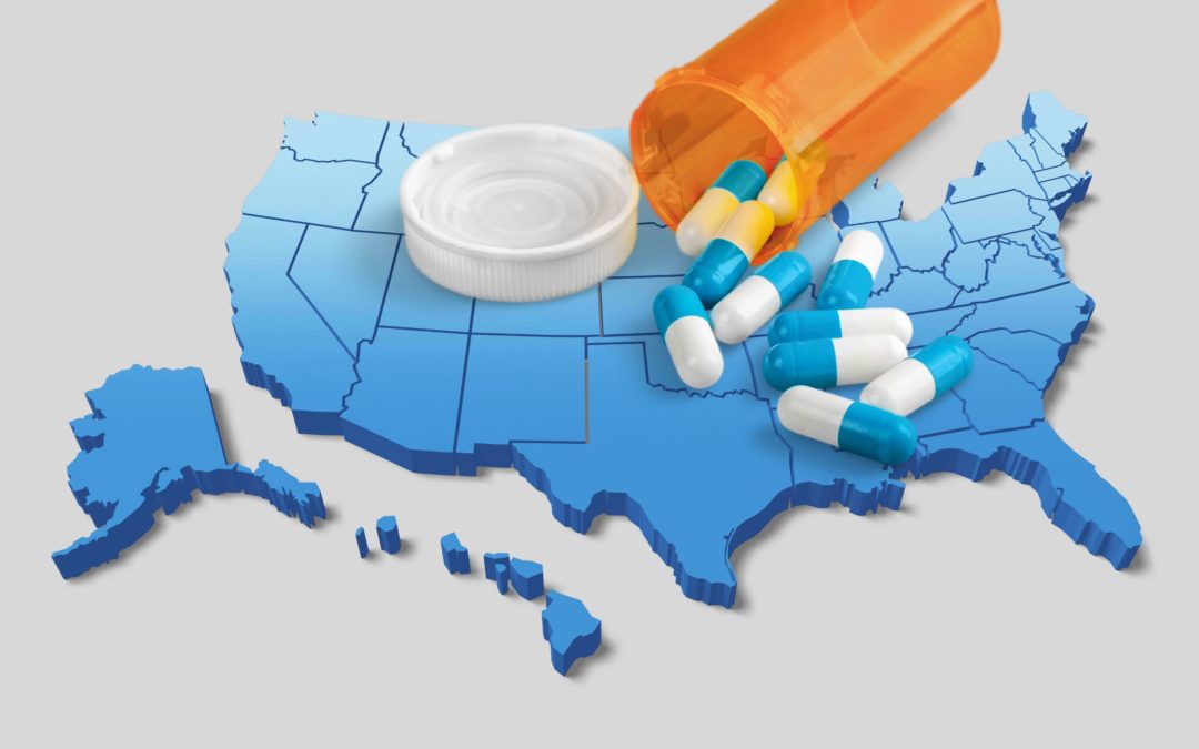 opioids over a map of America depicting the crisis