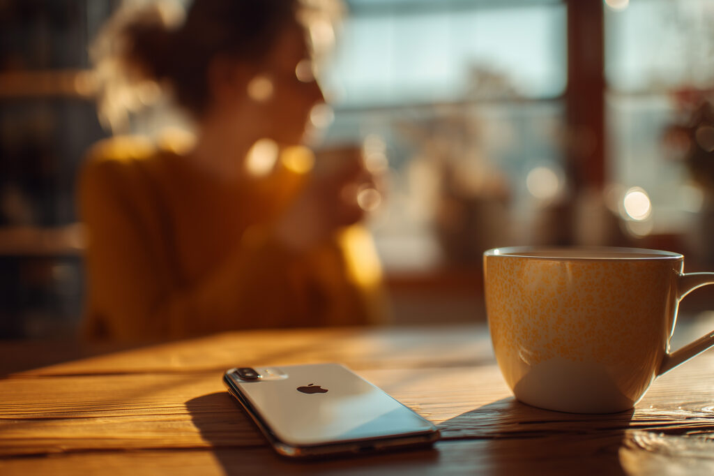 closeup of a cell phone face down on a table, in the background a woman enjoying coffee as she sits by the window and enjoys the day