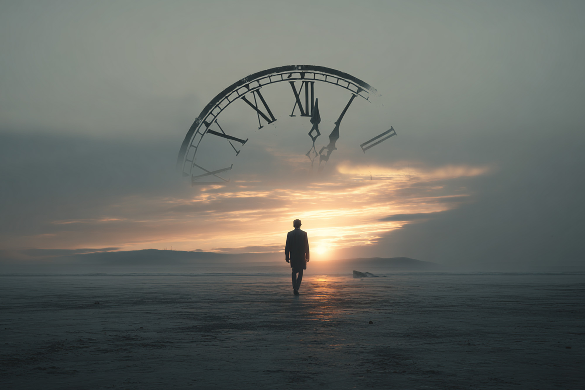 symbolic scene of a clock face dissolving into a sunrise horizon, person in silhouette walking forward