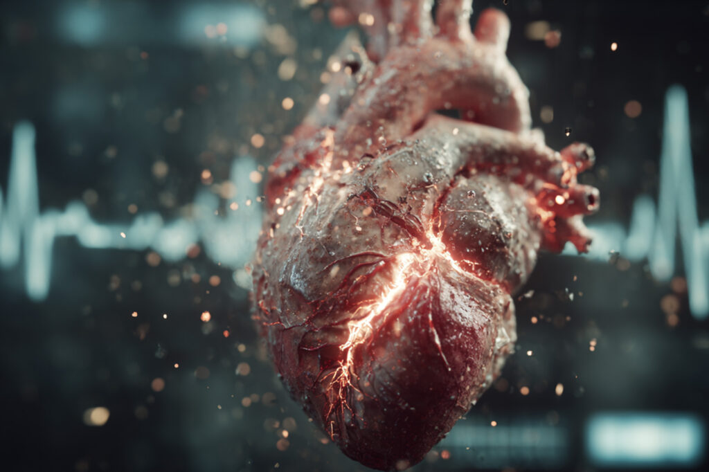 close-up of a human heart model with cracks illuminated by dramatic lighting, faint medical monitor glow in background, particles of dust floating, symbolic of fragility