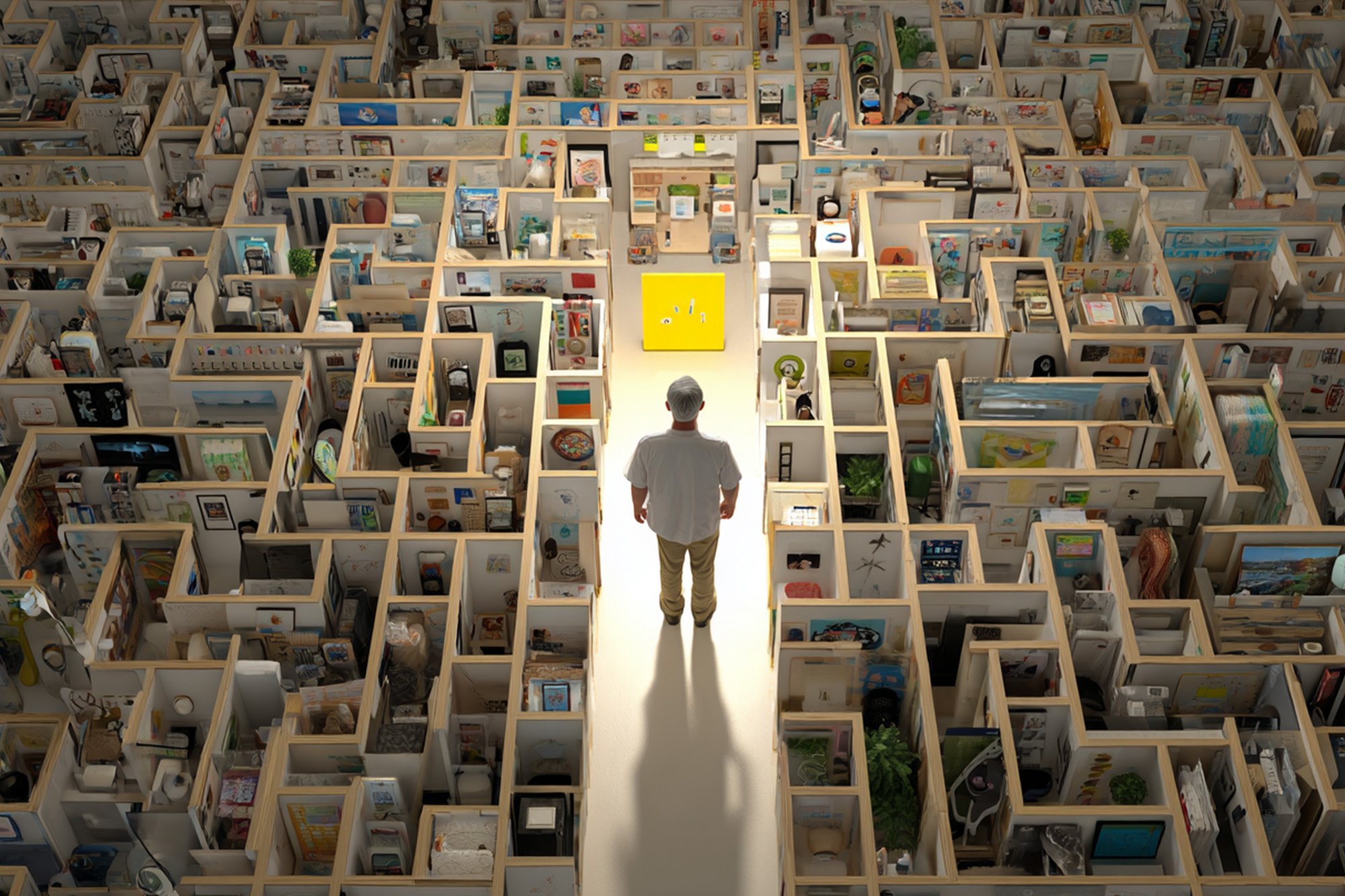 symbolic scene of a person standing in front of a maze made of everyday objects like calendars, phones, social spaces symbolic scene of a person standing in front of a maze made of everyday objects like calendars, phones, social spaces