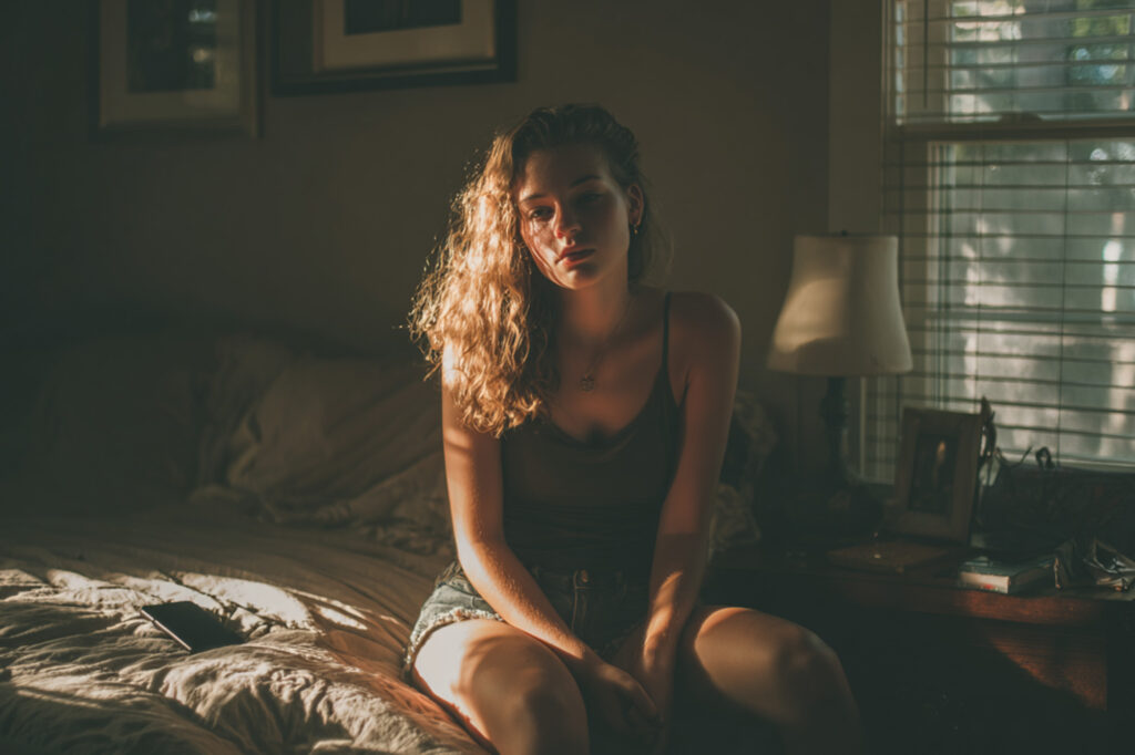young adult sitting on edge of bed in softly lit bedroom, morning sunlight filtering through blinds
