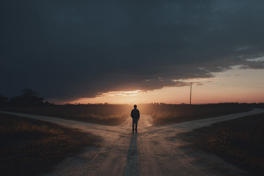 person standing alone at a rural crossroads at dusk, one road leading into sunlight, the other fading into shadows