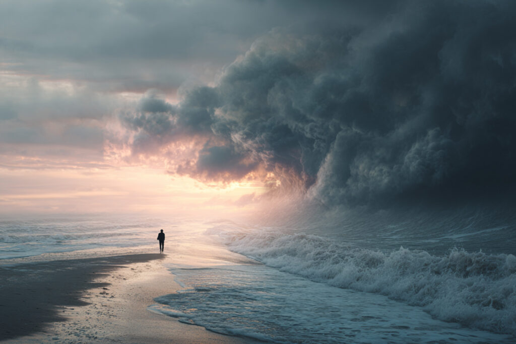 symbolic scene, person standing on shoreline with calm waves on one side and stormy turbulent waves on the other
