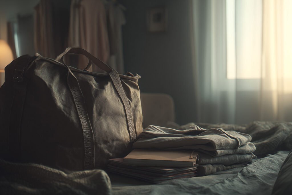 Packed duffel bag and folded clothes on a bed symbolizing preparation for admission to a residential addiction treatment program