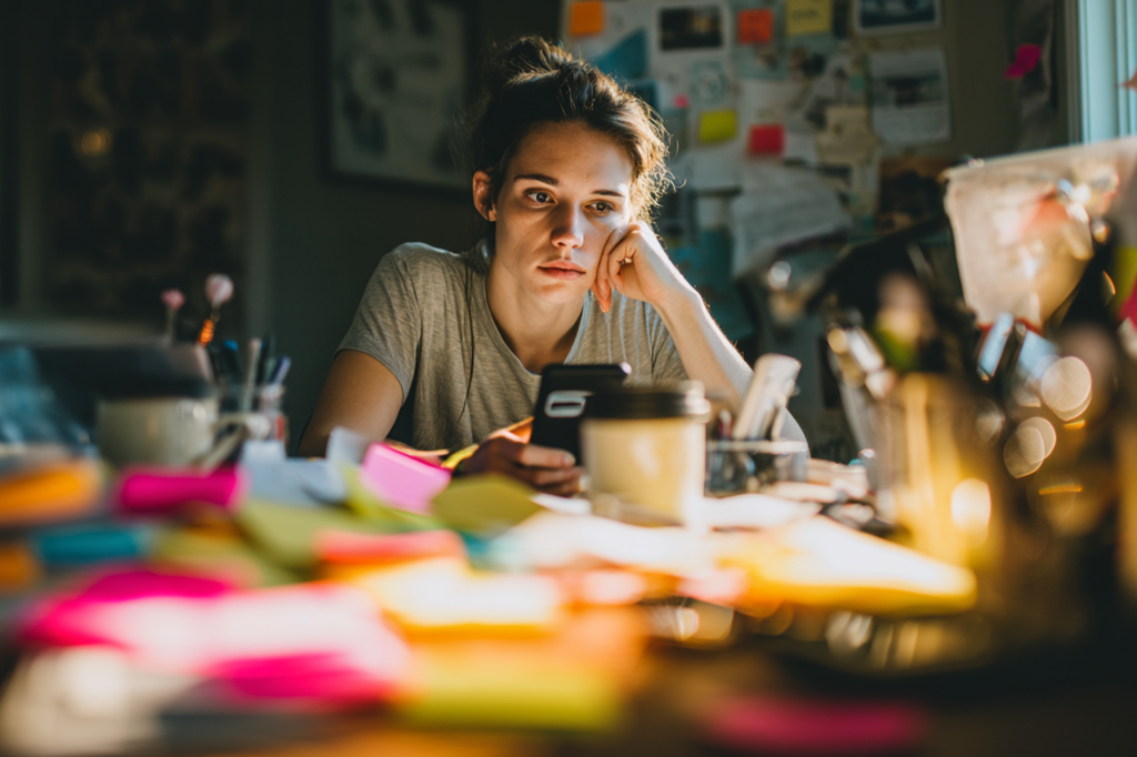 Overwhelmed adult woman sitting at a cluttered desk late at night looking at her phone, representing ADHD in adults and self-medication with alcohol or drugs as a coping strategy
