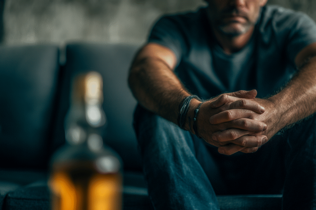 Man sitting alone with a bottle of alcohol in the foreground, illustrating warning signs of drinking alone and alcohol use disorder