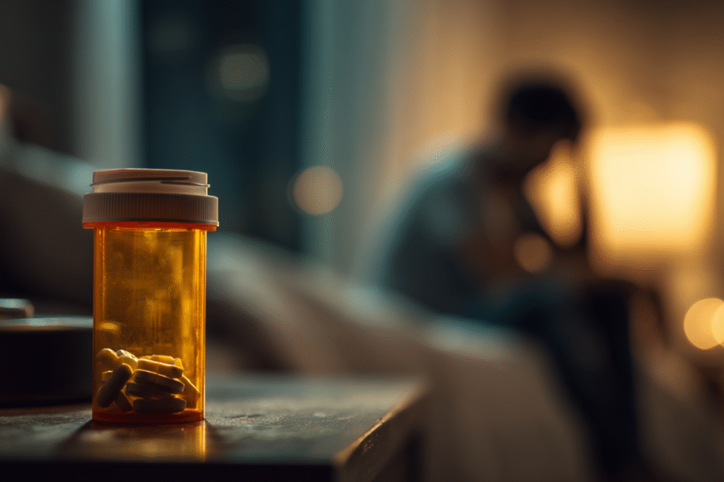 Prescription pill bottle in focus with distressed person blurred in the background, representing prescription opioid addiction and when to seek professional treatment