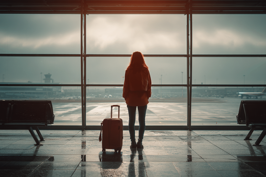 Woman with suitcase looking through window into the distance contemplating decision