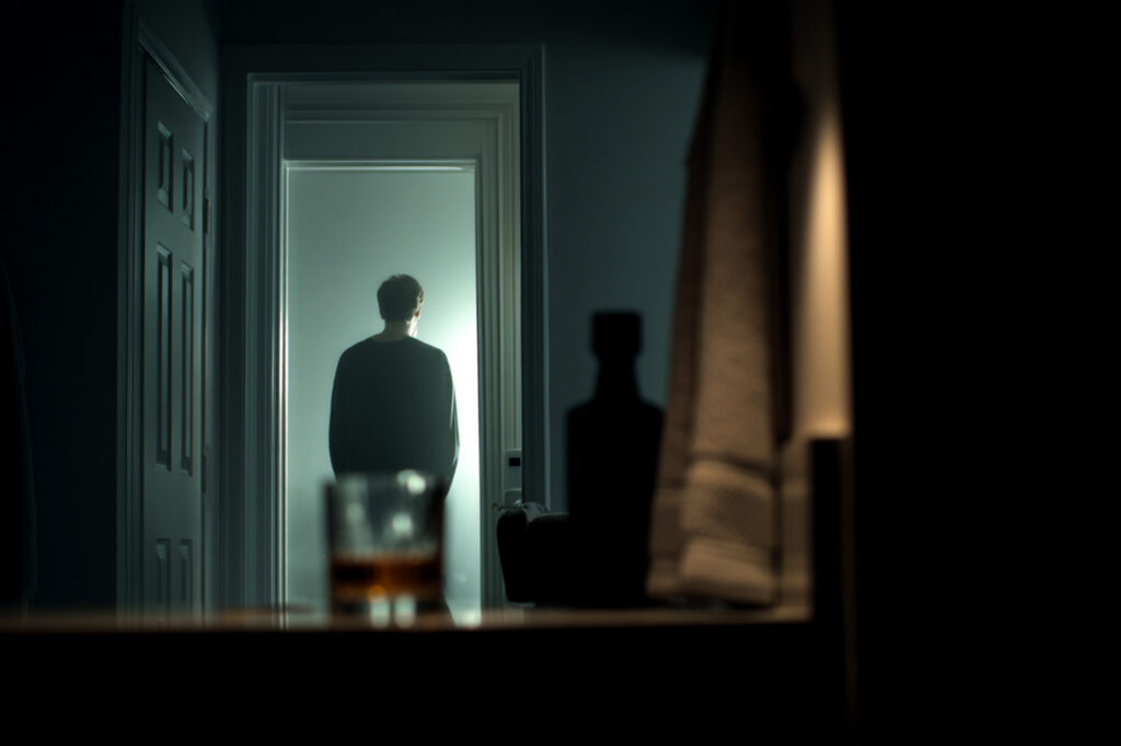 Person sitting alone in dim lighting with alcohol in the foreground, illustrating the link between panic disorder and alcohol dependence