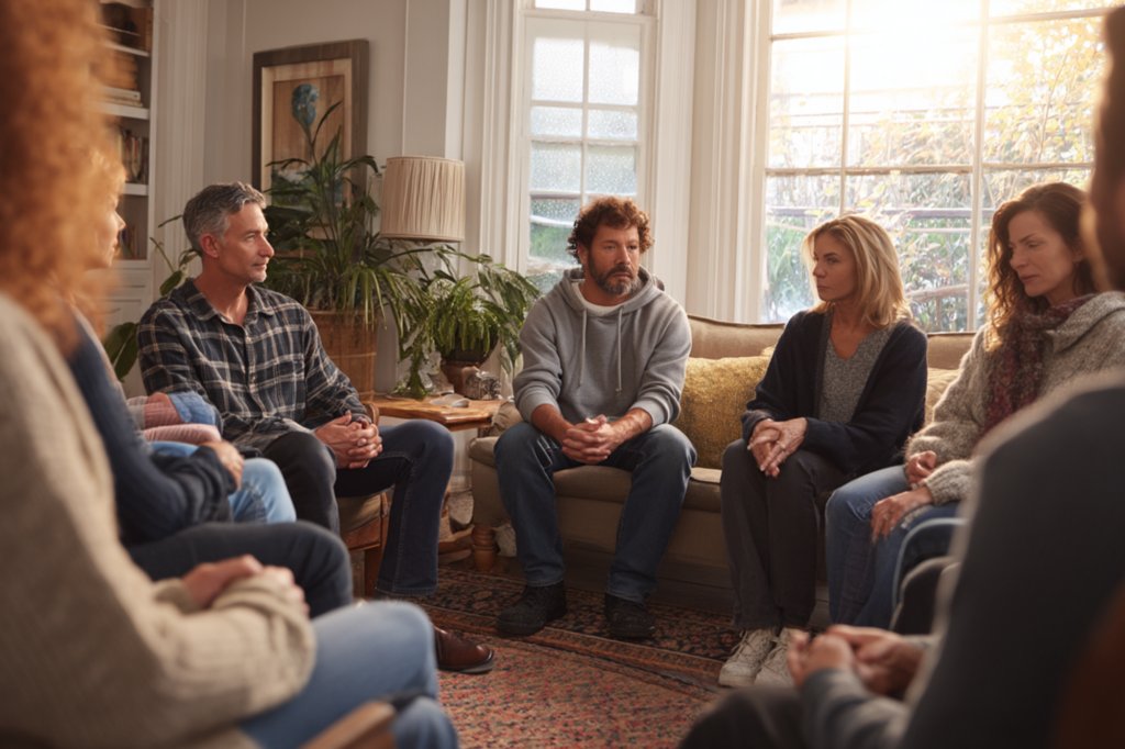 Small group seated in a living room discussion representing a structured family intervention for someone struggling with addiction
