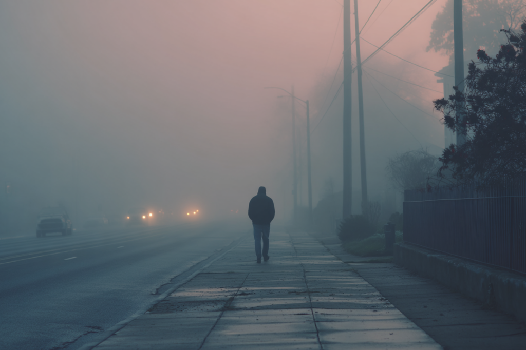 Person walking alone down a foggy street at dawn, symbolizing prolonged withdrawal symptoms and the long-term recovery process after addiction