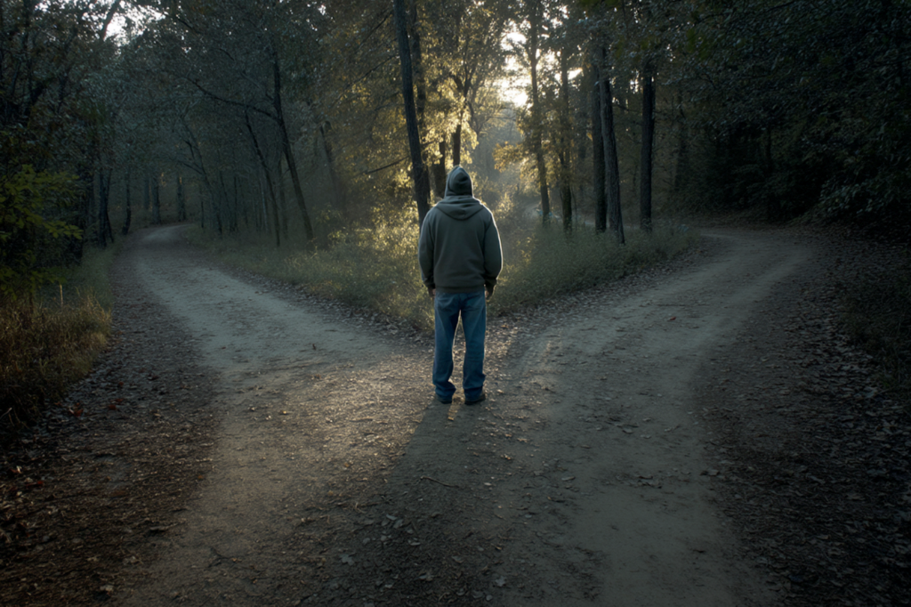 Person standing at a fork in a wooded path symbolizing the long-term journey of addiction recovery and whether addiction can be cured through treatment