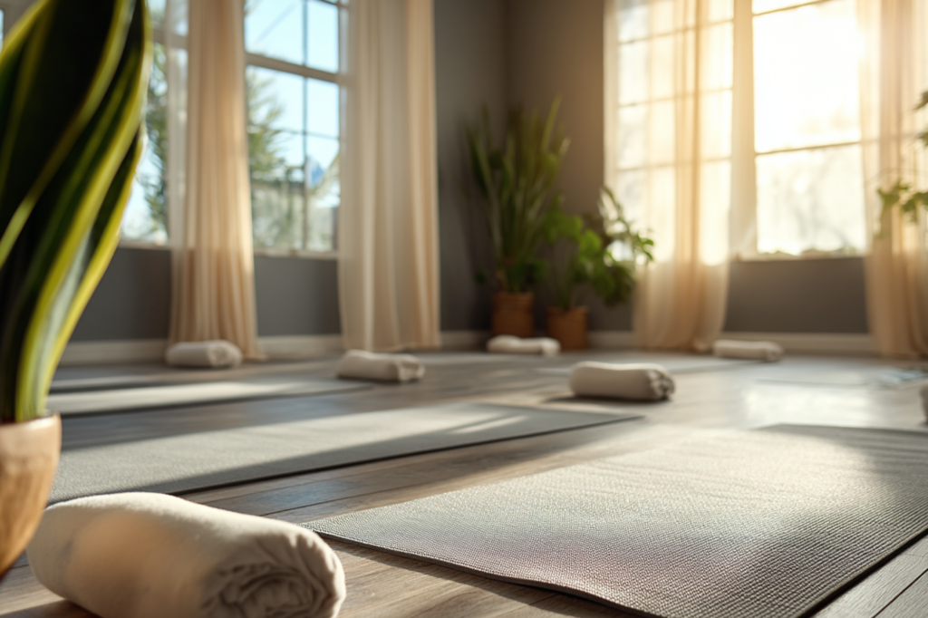 Sunlit yoga studio with mats and plants symbolizing holistic therapies in addiction treatment and mind-body recovery approaches