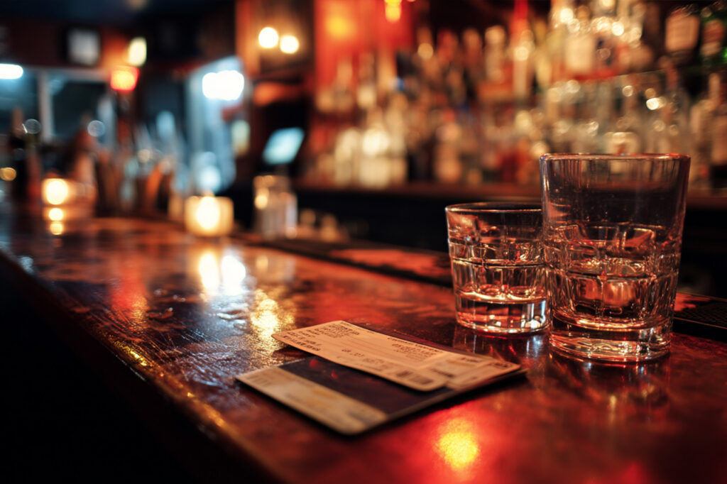 Alcohol drinks on a bar counter representing the dangerous combination of cocaine and alcohol and the health risks of polysubstance abuse