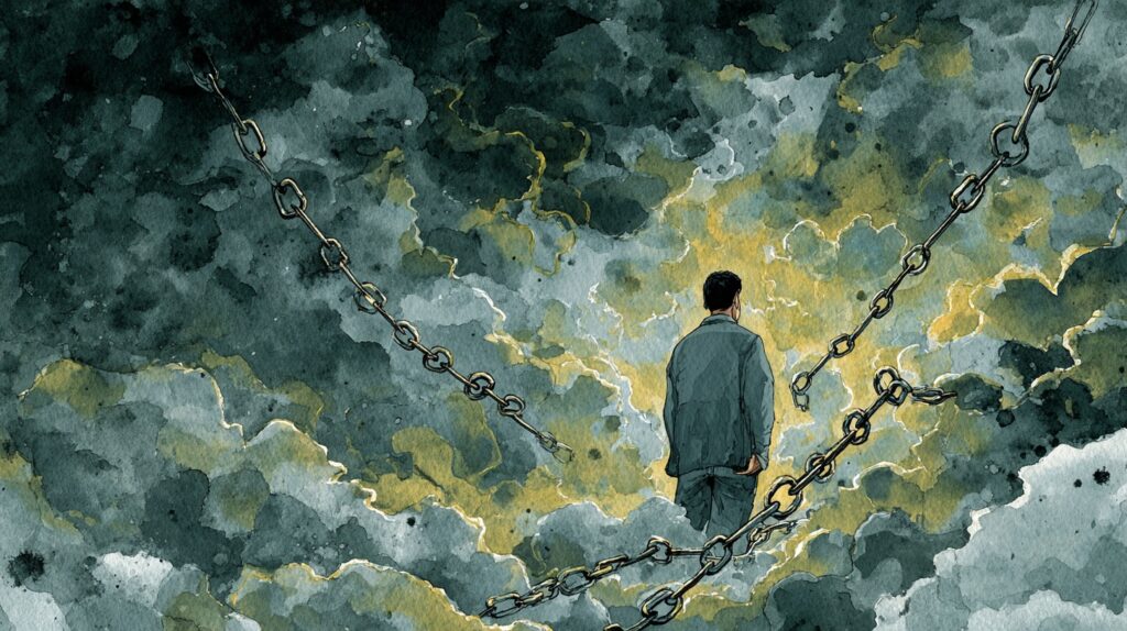 editorial illustration of tangled chains vs loose threads symbolizing addiction vs dependence
