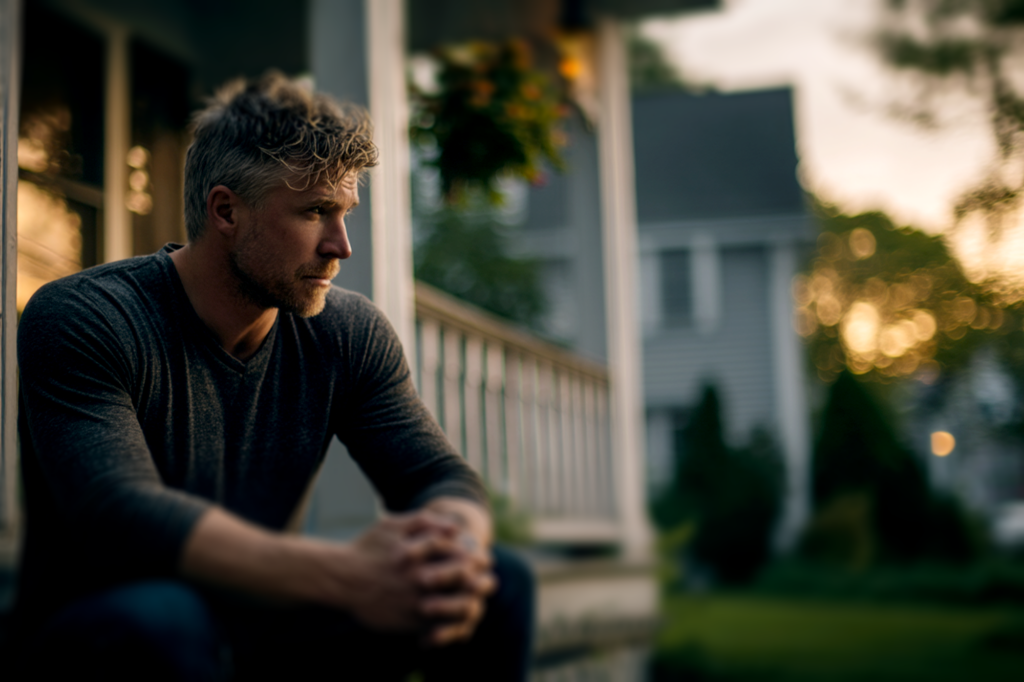 Man sitting alone on a front porch at sunset looking thoughtful, symbolizing the psychological challenges of quitting marijuana use